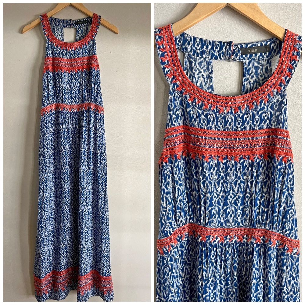 THML Blue Red Embroidered Boho Maxi Dress M Ikat Print Sleeveless Summer